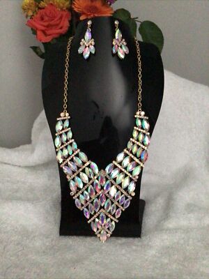 2 Stck. goldfarbene simulierte mystische Topas Halskette 18/22  Ohrringe 2  Tropfen Neu