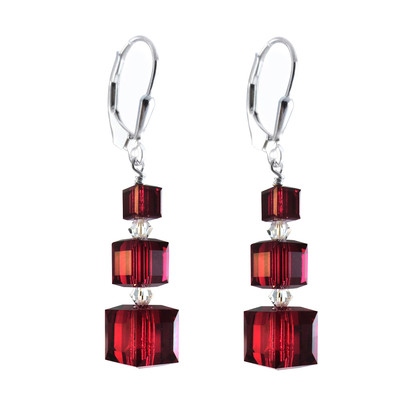 Dark Red, Cube Earrings made w Swarovski Crystal Elements S. Silver Leverback