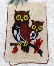 Owl Latch Hook Rug Vintage Handmade Cream Brown