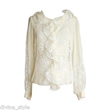 ICONIC GORGEOUS 2DIE4 Oscar de la Renta ivory silk/ lace ruffling dress blouse