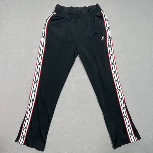 Champion Track Pants Men Medium Black Red White Side Stripe Logo Tapered Zip