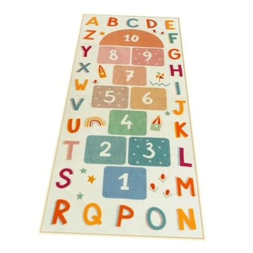 Washable Hopscotch Kids Rug for Playroom, Colorful Educational Classroom Beige