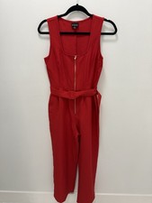 En Focus Studio Red Belted Jumpsuit Sleeveless Gold Zip Size 4 Minimalist