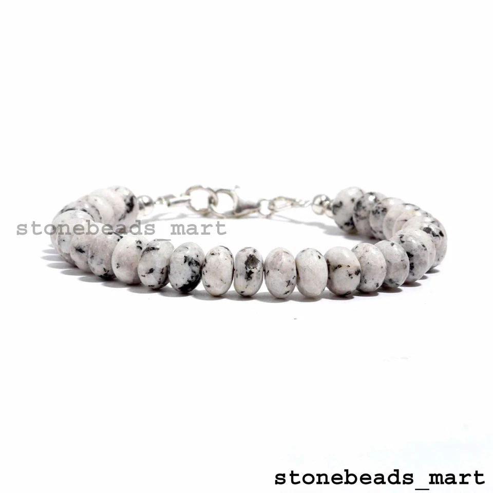 Bracciale Rondelle Lisce Argento 925 Quarzo Howlite Bianco 8-9 mm 7" - Immagine 3 di 4