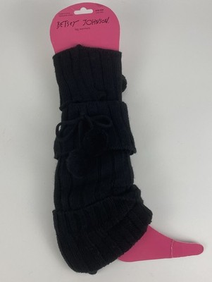 Betsey Johnson Cozy Leg Warmers Black Cable Knit, Chunky with Pom Poms