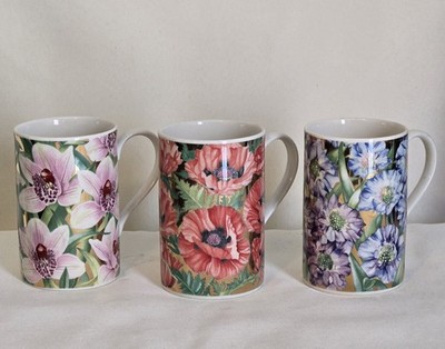 3 Dunoon Scotland Floral Ceramic Coffee Tea Mugs Multicolor Flowers Gold Accent 