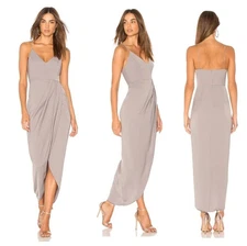 Shona Joy Core Cocktail Draped Formal Cocktail Dress in Oyster Grey Tulip Hem 4