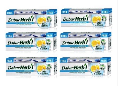 6x Dabur Herbal Natural Toothpaste with Lemon&Salt Extract |Free Toothbrush 140g