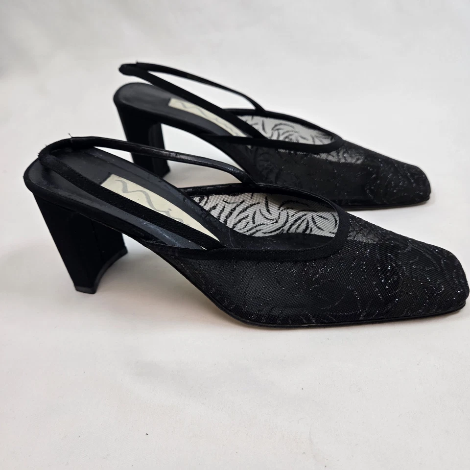 De colección Nina Negro Malla Brillante Cordón Mediano Puntera Cuadrada Talla 6M Tacón Bloque Foto 4 de 4