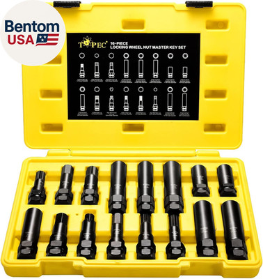 16-Piece Locking Lug Nut Master Key Set | 5, 6, 7, 12 Spline Socket Set, Star an