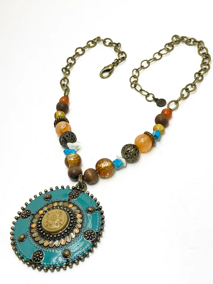 RUBÍ RD Collar Boho Mandala Colgante Turquesa Esmalte Tono Bronce Cadena Cuentas Foto 3 de 4