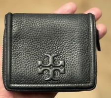 Tory Burch Thea Wallet Black Pebbled Leather Zip Embossed