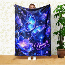 Blue Butterfly Moonlit Flowers Stars Coral Fleece Blanket Custom Name
