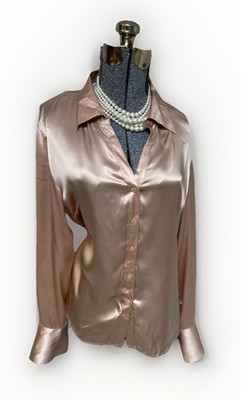 Fred David Top Size 16 Fits Like 14 Blouse Pink 100% Silk Long Sleeve Collared
