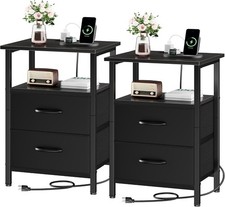 2 Nightstand Set Black Bedside Table Charging Station USB Outlet Fabric Drawers