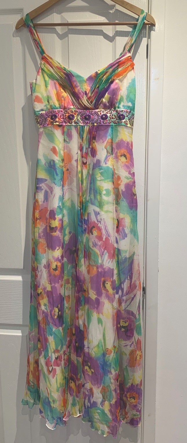 Monsoon ladies Maxi dress Beautiful silk fully lined multicoloured Size 8