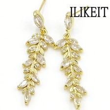Gold Tone Leaf Drop Earrings with Clear Crystal Dangle Earrings for Women