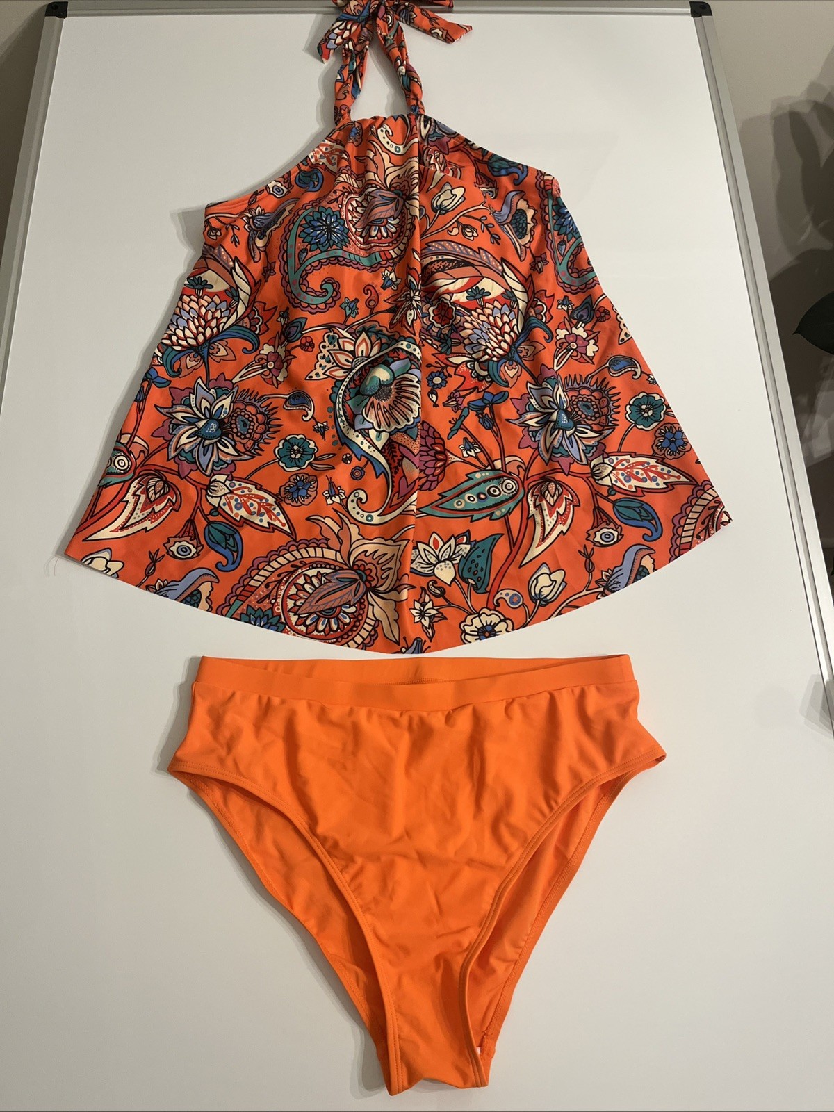SWIMSUIT Women's Two-piece Tankini w/ bottom Orange Print & Solid Sz L-image