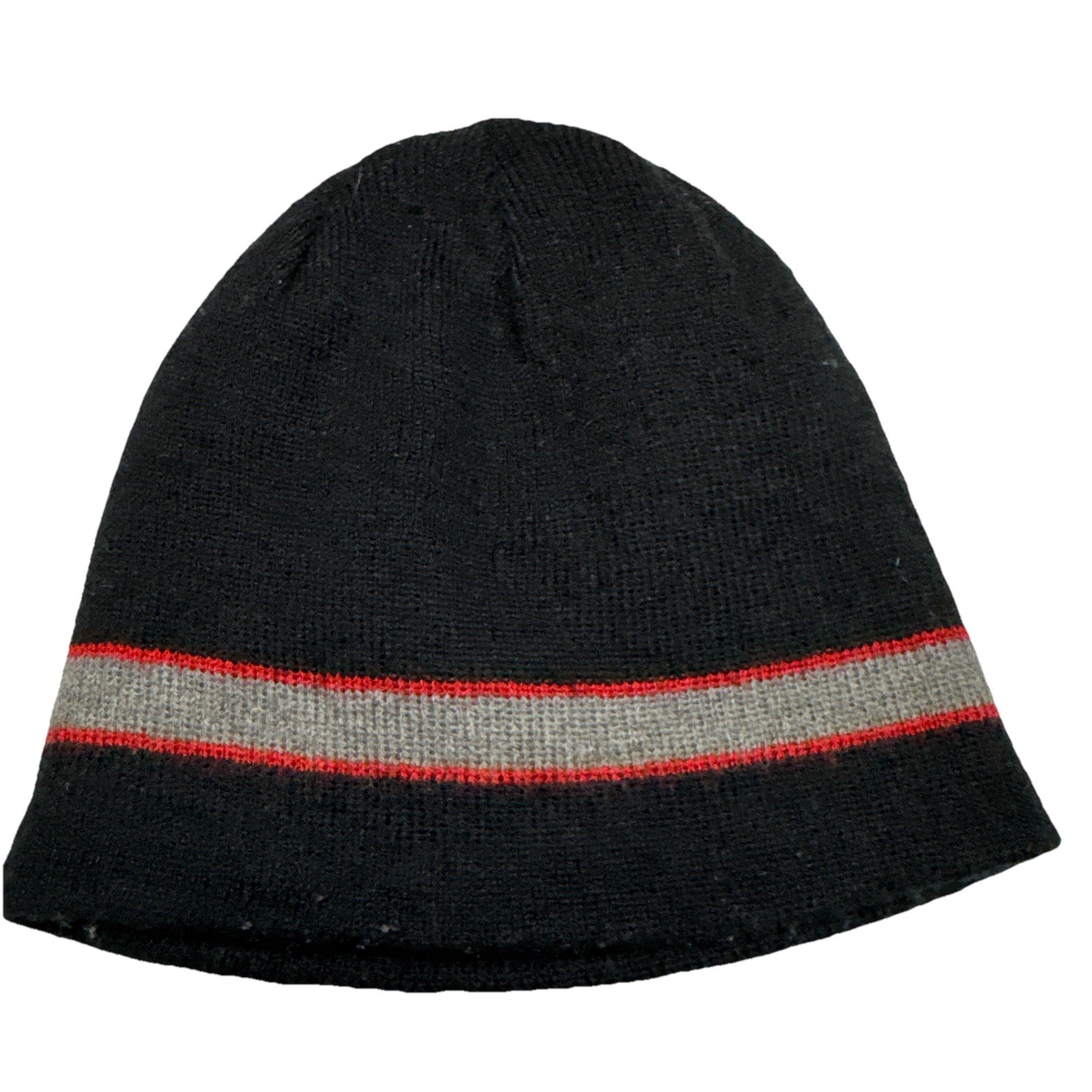 Unbranded Black Knit Beanie Hat with Grey and Red Stripe Skull Cap Mens Womens image 2