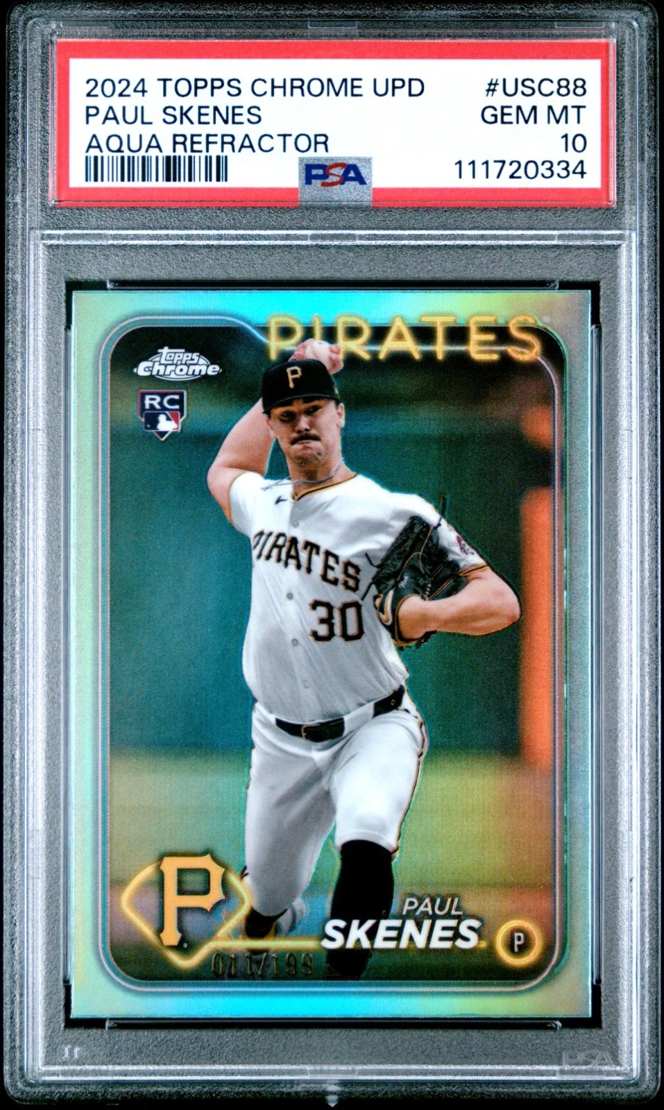 Deal for Paul Skenes 2024 Topps Chrome Update Aqua Refractor #/199 RC #USC88 PSA 10 GEM