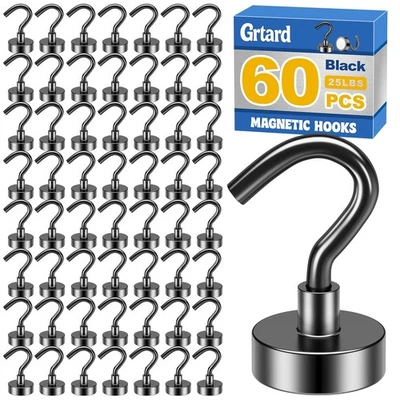 60Pack Black Magnetic Hooks Heavy Duty, 25LBS Neodymium Magnet Hooks for Crui...