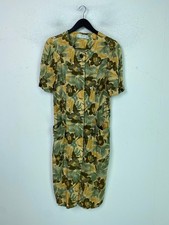 St Michael Green Floral Knee Length Button Dress Short Sleeve Linen Blend UK 12