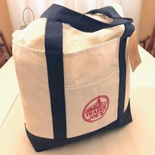 Trader Joe's Large Classic Canvas Tote Bag Natural White Navy Blue Trim