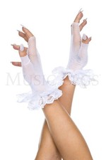 White Lace Ruffle Fishnet Fingerless Gloves - Adult