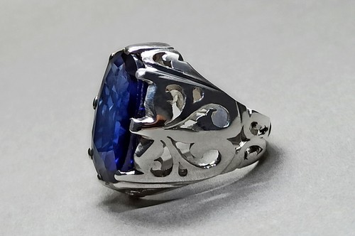 25 Ct Oval Cut Big Dark Blue Topaz Sterling Silver 925 Handmade Topaz Mens Ring - Picture 8 of 12