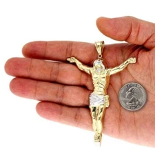 10K Gold Two-Tone Yellow White Gold Jesus Crucifix Pendant 1.57"-3.62"