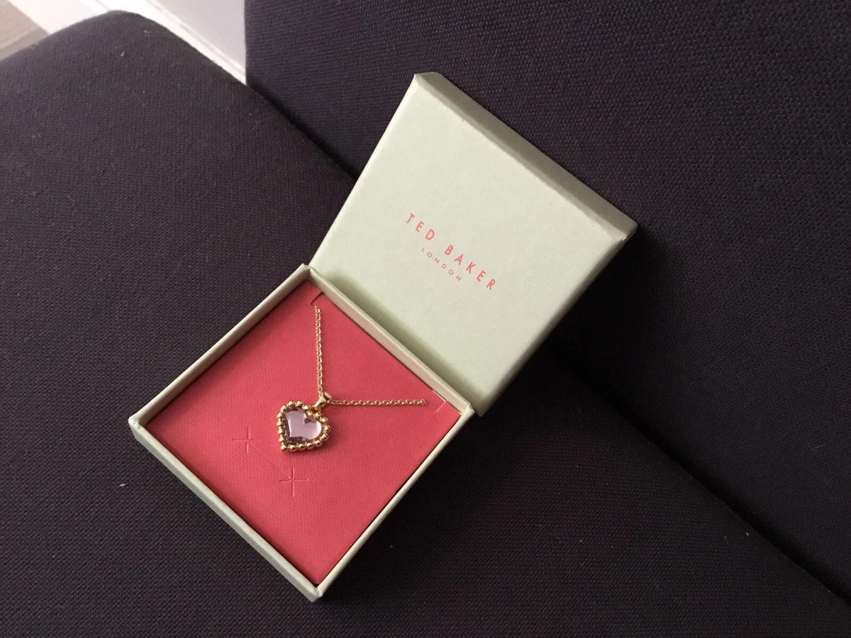 Ted Baker Gold Tone Pink Crystal Heart Pendant Necklace In Gift Box