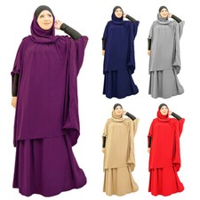 Women Islamic 2 Piece Prayer Dress Hooded Hijab Maxi Khimar Dress Muslim Abaya