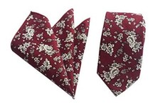 Men's Skinny Necktie  Pocket Square Set Cotton Floral One Size Wine Red White