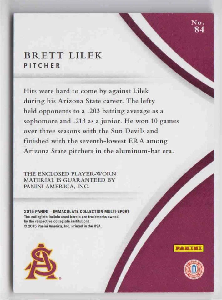 2015 Panini Immaculate Collection Collegiate Brett Lilek Jersey 31/99 Arizona St - Image 2 of 2