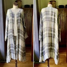 Rare Eskandar 3/4 Length Side Pleated Round Neck Coat Gauze Linen Check Sz 1