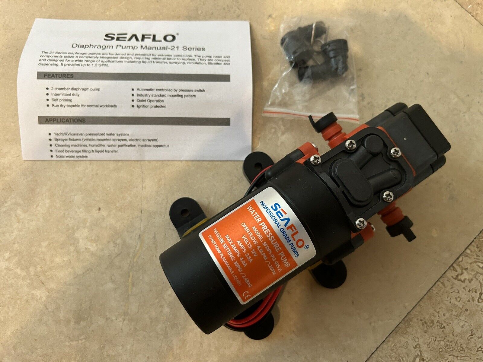 SEAFLO 12V 1.2GPM 35PSI Water Pressure Diaphragm Self Priming Marine RV Pump