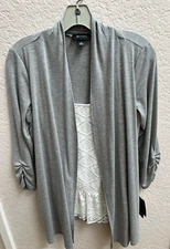 AB Studio Women's Layered Cardigan with Lined Lace Top Size S Gray/White NWT