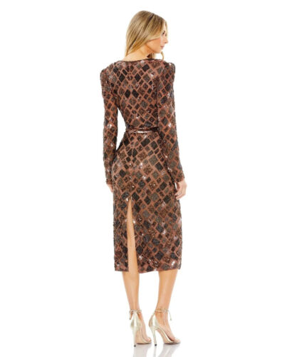 Mac Duggal Cocktail Geo-Beaded Dress 5472D SIZE 10 V NECK TEA LENGTH NEW $498 - Picture 3 of 4
