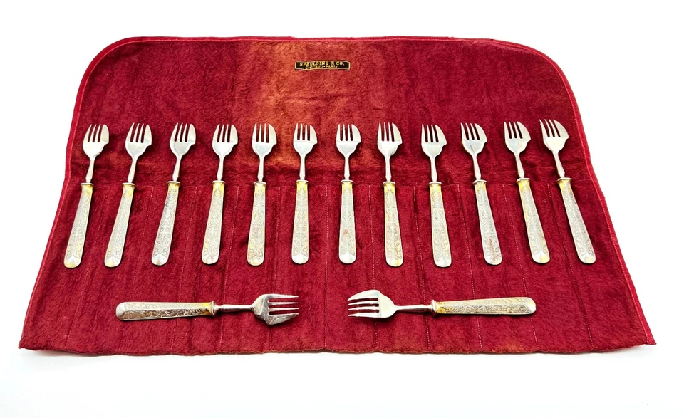 Juego de tenedores para pasteles Fabrica de Toledo Damasceno español 14 piezas 6" siglo XIX Foto 4 de 4