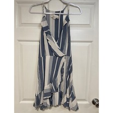 Vintage Havana Striped Faux Wrap Dress Ruffle Sleeveless Blue White L Resort
