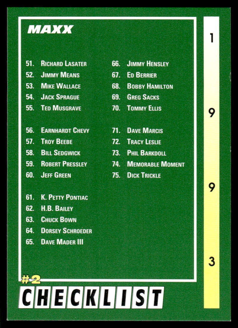 Checklist 2 1993 Maxx Race Cards # 296 Base