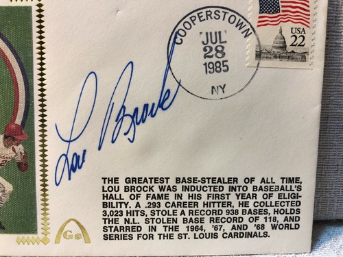 Lou Brock Cardinals Signed First Day Cover FDC 1985 Baseball Envelope Cachet JSA - Picture 2 of 3