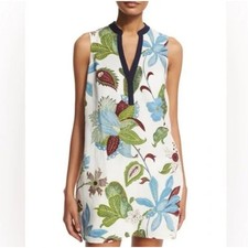 Tory Burch Linen Blend Floral V Neck Sleeveless Shift Dress Size S