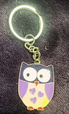 Owl Keychain Wide Eyed Wise Bird Keyring Silvertone Metal Enamel Bag Clip Gift