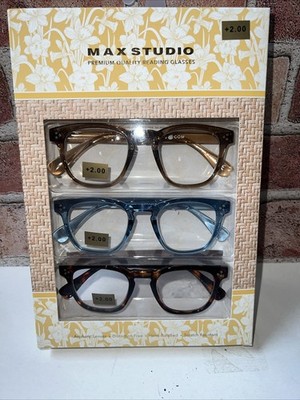NEW MAX STUDIO PREMIUM 3-PACK READING GLASSES READERS  +2.00 AUTHENTIC