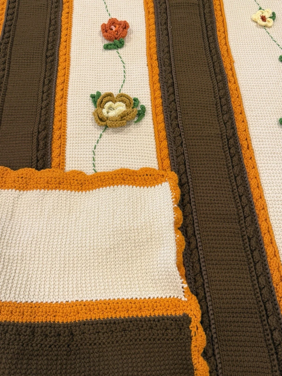 Vtg Crochet Afghan Flower Blanket Handmade Floral Boho Grannycore Orange Brown..