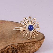 Daisy Flower Adjustable Ring With Lapis Lazuli / Mix Metal Handmade Ring Jewelry