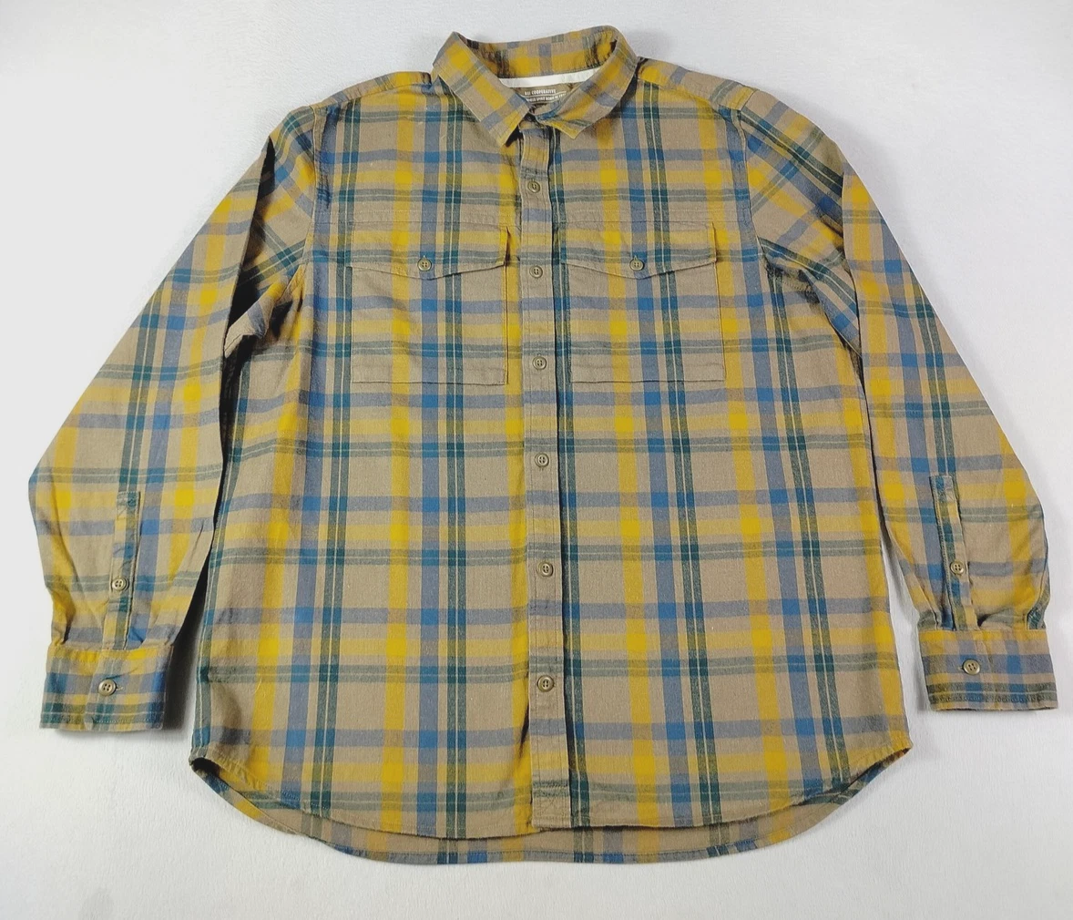 REI Co-Op Flannel Shirt Mens Orange Blue Large Plaid Organic Cotton Gorpcore