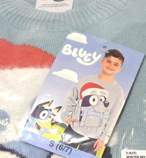 NWT In Pkg Bluey Christmas Sweater Kids S 6 / 7 Light Blue Santa Hat Holiday