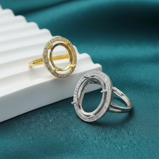 925 Sterling Silver 8x10mm Oval Cab Setting Ring-Semi Mount CZ Halo Accents Ring